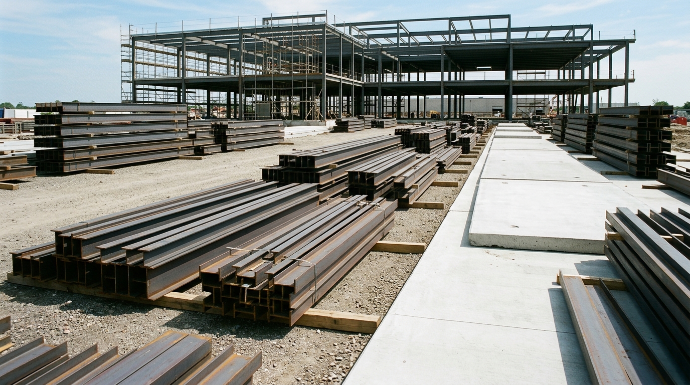 Zona de acopio ordenado de materiales estructurales en obra de edificación